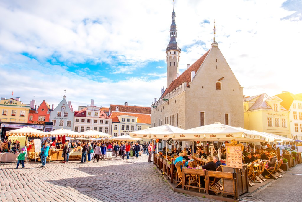 View on the crowded open market on the town hall square in Tallinn, Estonia