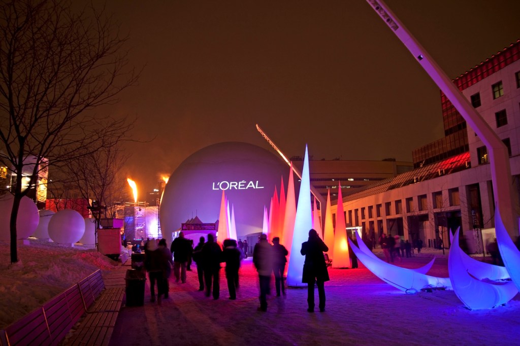 Crowd gathering for a show at the Quartier des Spectacles in Montreal, during the annual High Lights Festival (MontrAal en LumiAre)