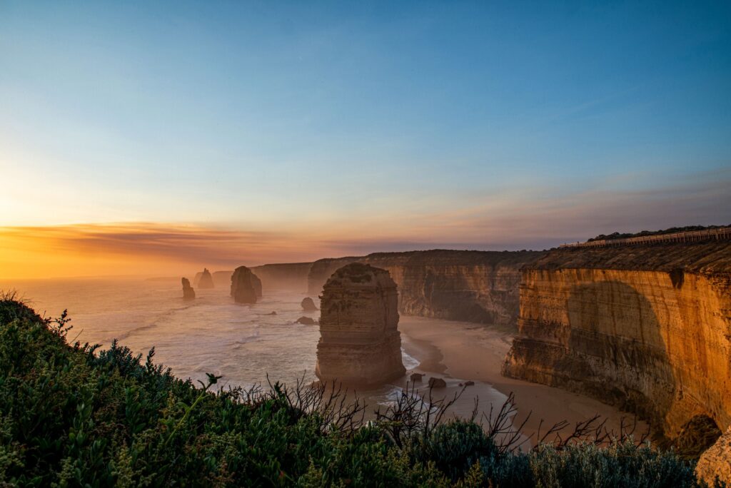 Twelve Apostles on the Great Ocean Road at sunset in Melbourne, Australia.