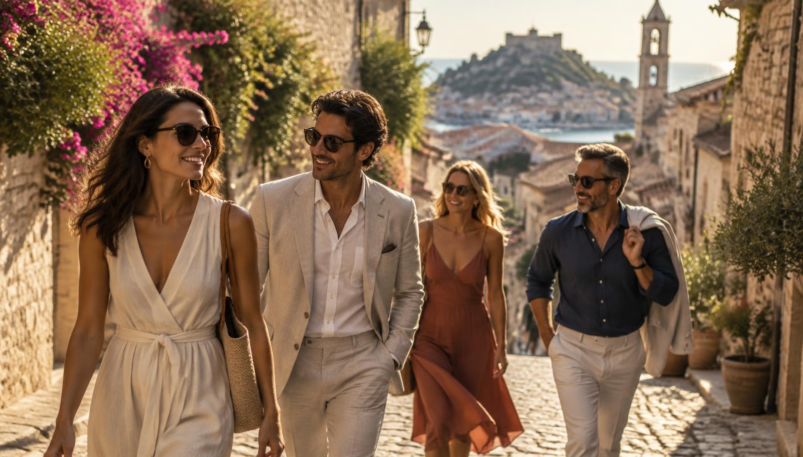 Adult travellers exploring a sunlit Mediterranean old town
